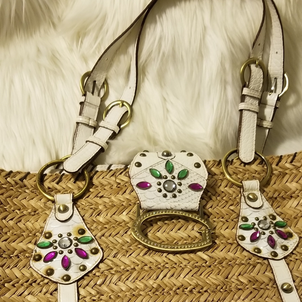 Guess Straw & Studded Leather Jeweled Beach Bag - Picture 5 of 8